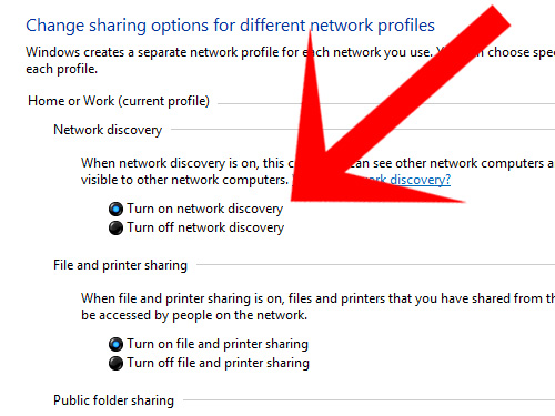 Cahnge sharing options for different network profiles.